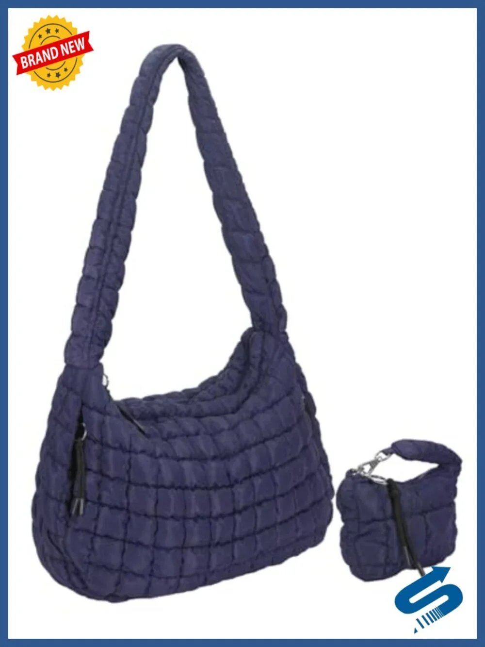 Quilted Nylon Puffer Tote Bag with Mini Pouch Set for Women